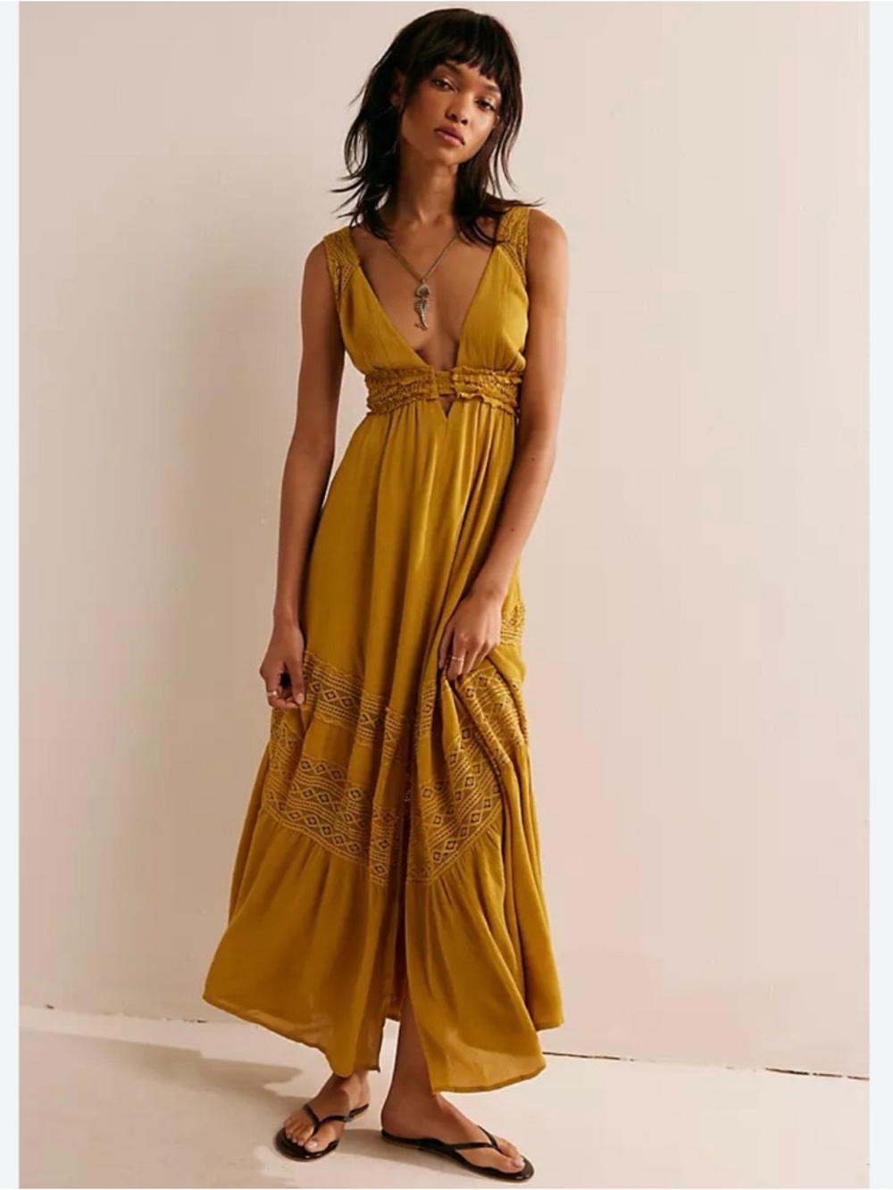 Free People - Hadlee Maxi Dress- Size Large , Mustard Yellow Boho Maxi Dress